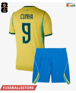 Günstige Brasilien Matheus Cunha #9 Heimtrikotsatz Kinder WM 2026 Kurzarm (+ Kurze Hosen)